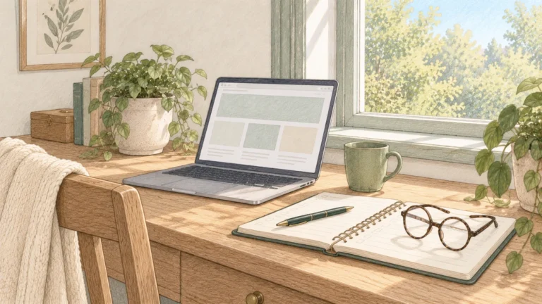 Een laptop op een bureau met daarnaast een notitieblok met afvinkhokjes, met daarop een pen en een bril
