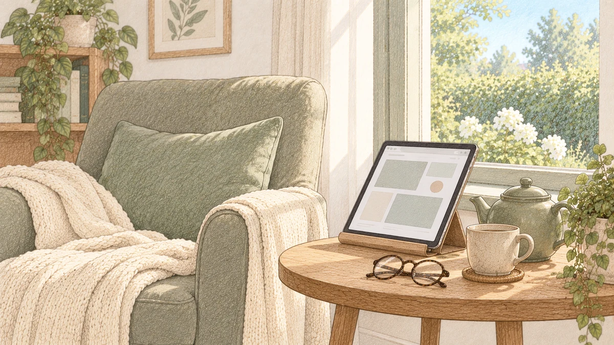 Een tablet op een ronde tafel met daarnaast een stoel in de woonkamer