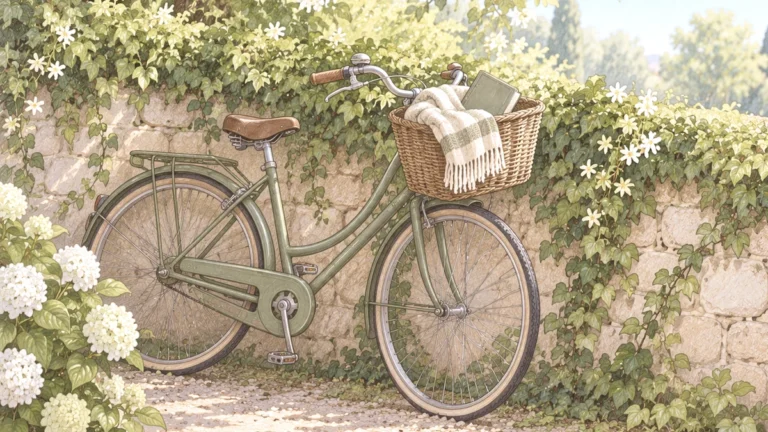 Een fiets tegen een muur met een mandje voorop gevuld met een boek en een sjaal
