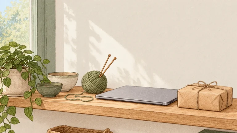 Een plank in de keuken met daarop een laptop en een pakket om te verzenden
