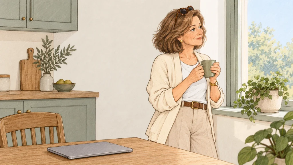Getekende Rina met een kop koffie bij het keukenraam