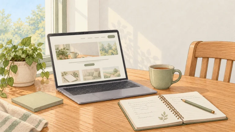 Laptop met een website in zachte kleuren, een notitieboek en een kop thee op een houten keukentafel