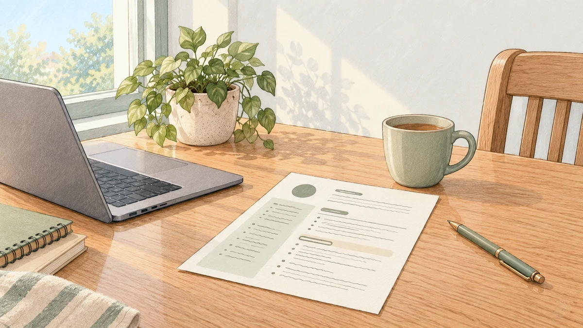 Een cv, een laptop en een kop thee op een houten keukentafel