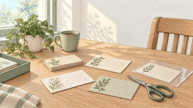Zelfgemaakte spaarkaartjes, een lamineerhoesje en een schaar op een houten keukentafel