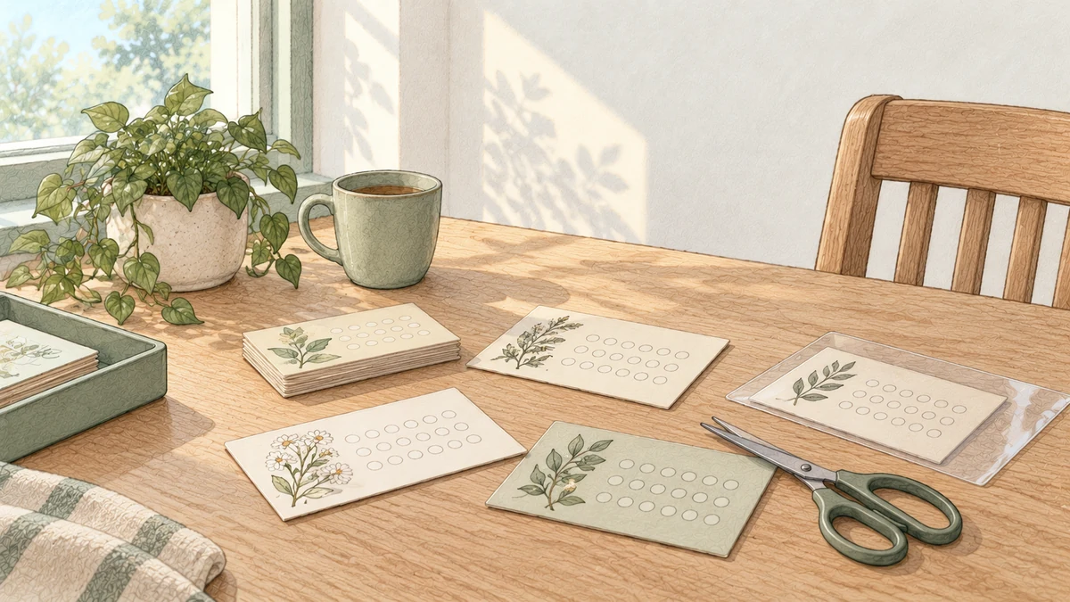 Zelfgemaakte spaarkaartjes, een lamineerhoesje en een schaar op een houten keukentafel