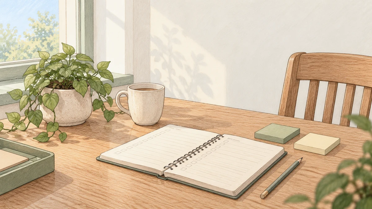 Open notitieboek, een kop thee en een plant op een houten keukentafel bij het raam