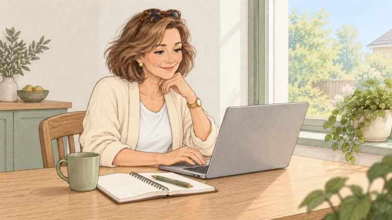 Getekende Rina werkt aan de keukentafel op haar laptop, met een notitieboek en een mok naast zich