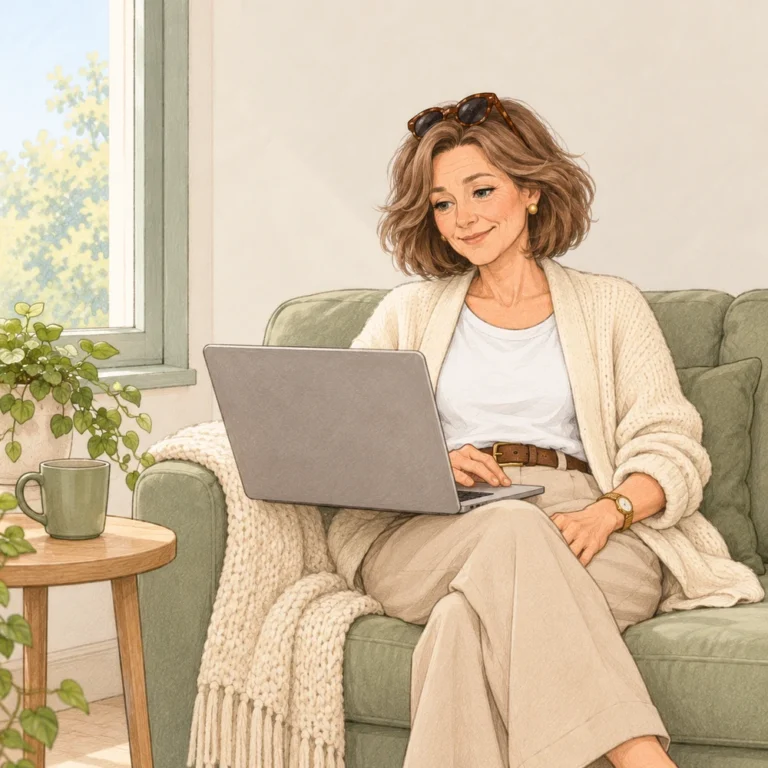 Getekende Rina op de bank met haar laptop